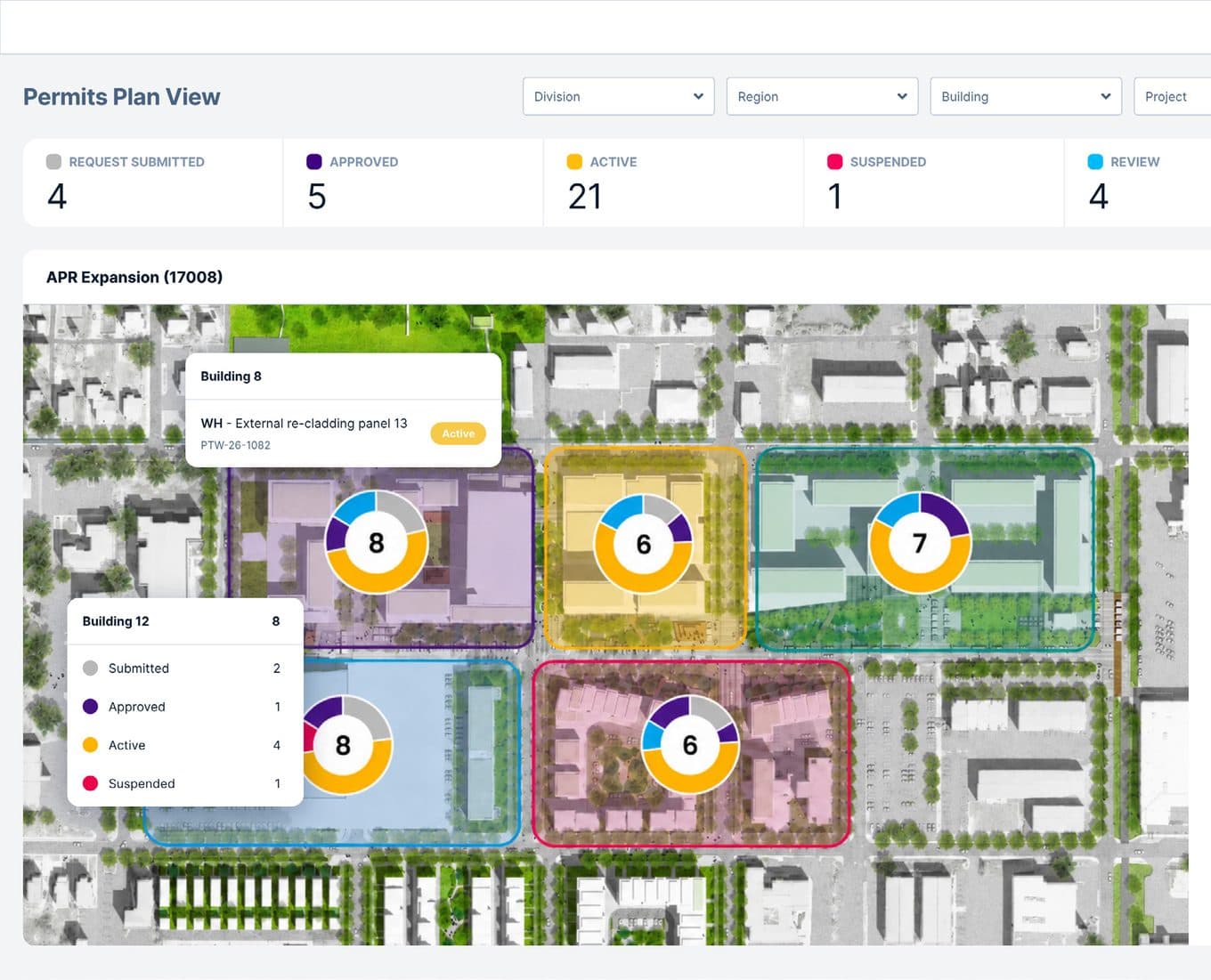 The Permits plan view: a zoned site map with colour-coded building outlines, per-zone permit counters and permit callouts — for example Building 8, external re-cladding, PTW-26-1082, Active.