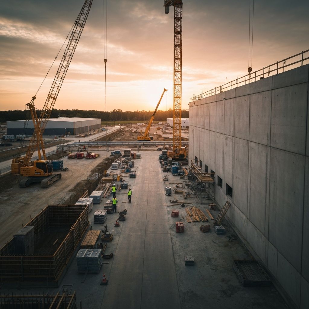 Modern industrial facility at golden hour